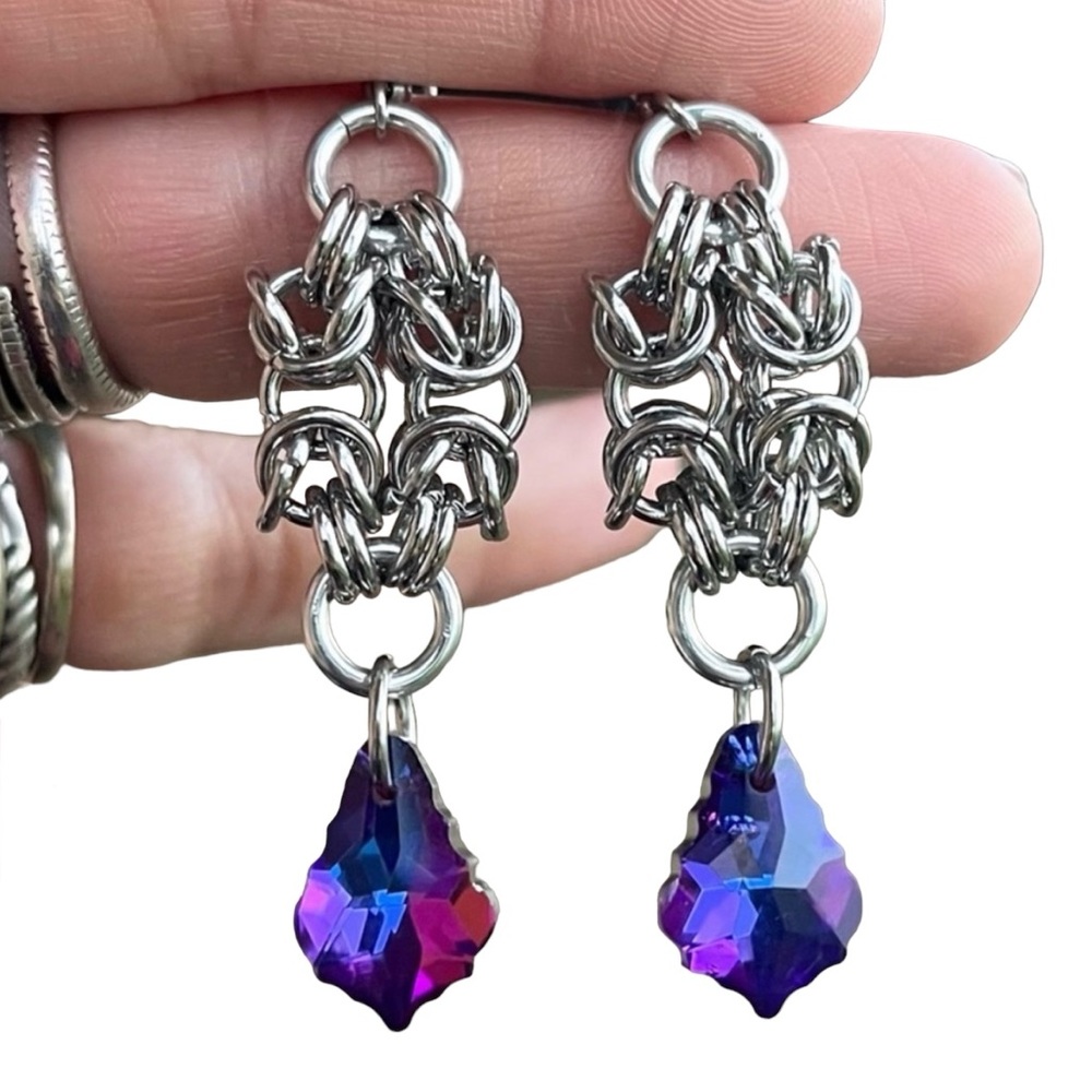 Handmade maille dangly stainless steel earrings purple rainbow austrian crystals